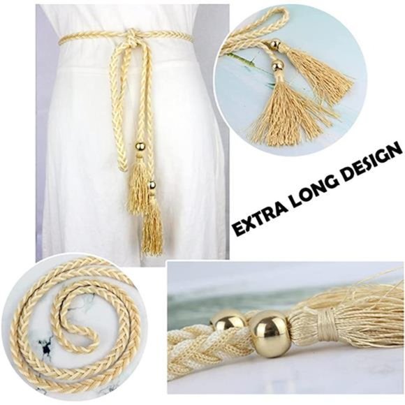 Women Girls Braided Knotted Waist Belt Skinny Color Rope Exotic Chain Tassel main image 8